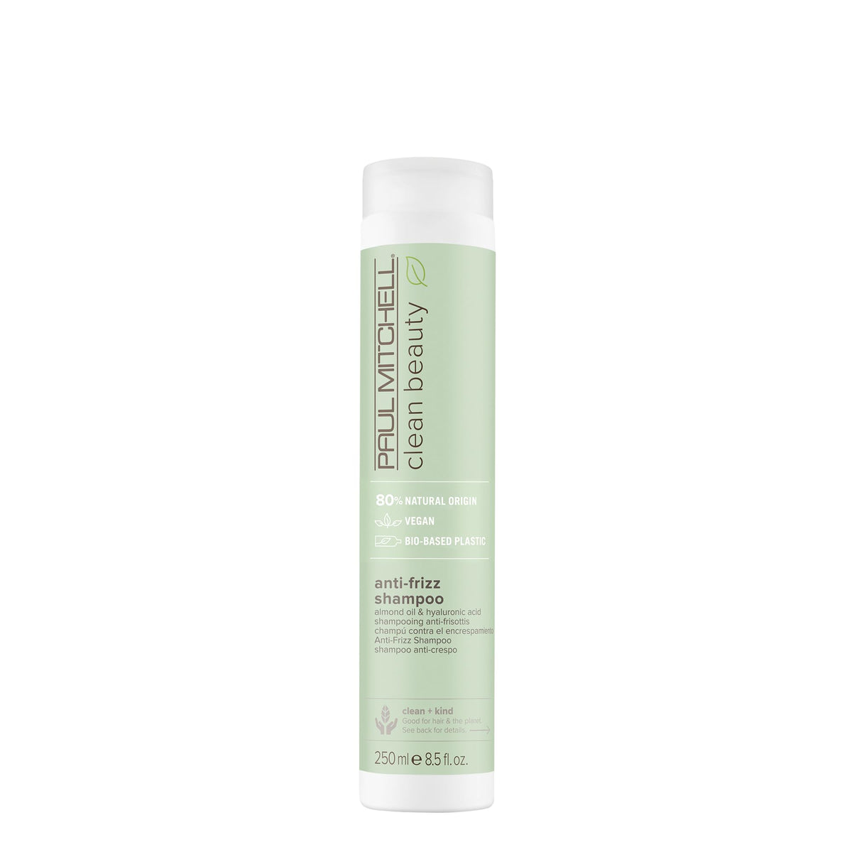 Paul Mitchell Clean Beauty anti-frizz shampoo bottle pour promotes frizz control for textured hair.
