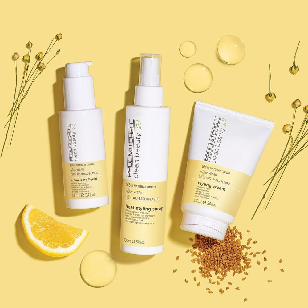 Paul Mitchell Clean Beauty flax-seed ferulic ingredients highlight nourishing shield for fragile strands.