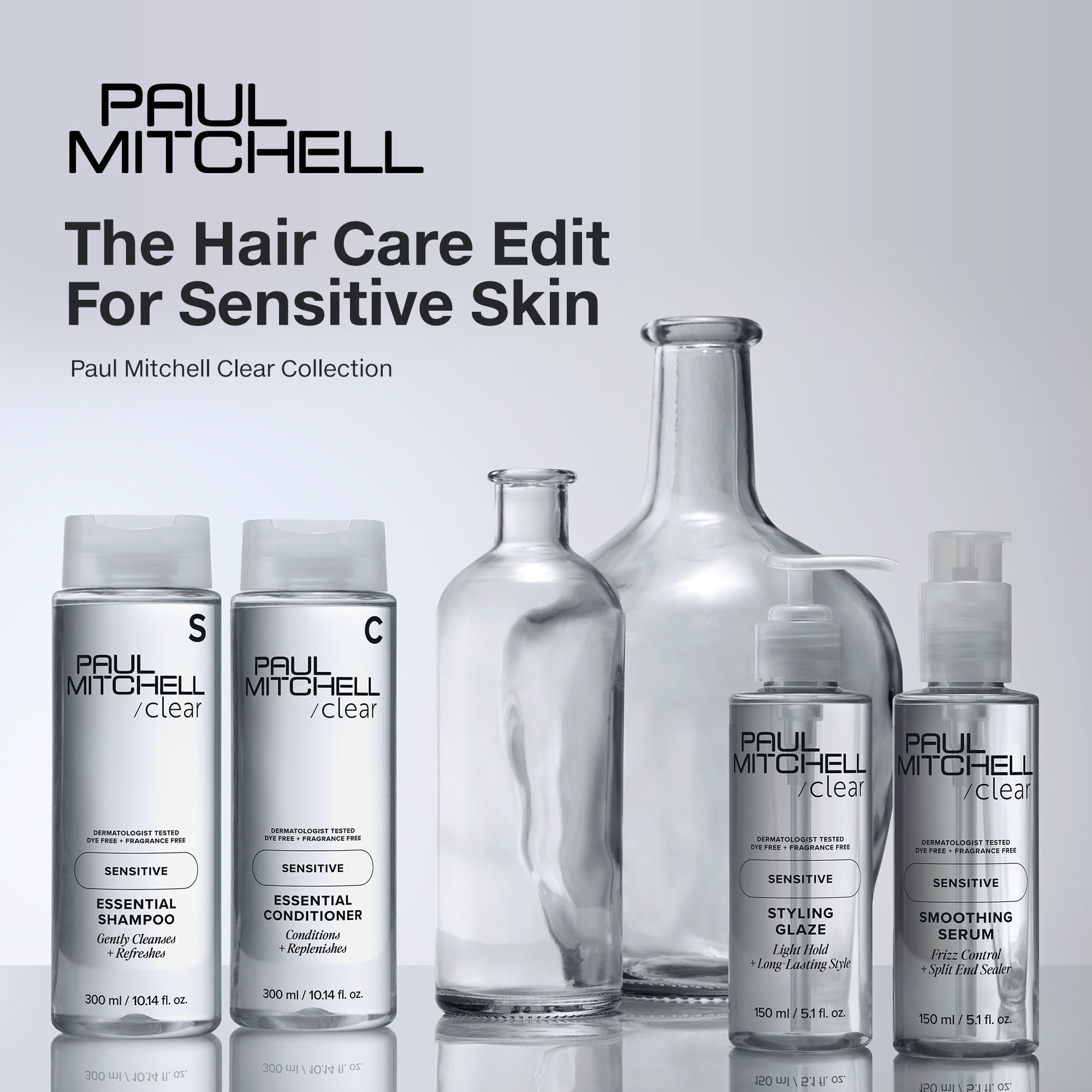 Paul Mitchell Clear Essential Shampoo color-safe formula displayed on white surface.