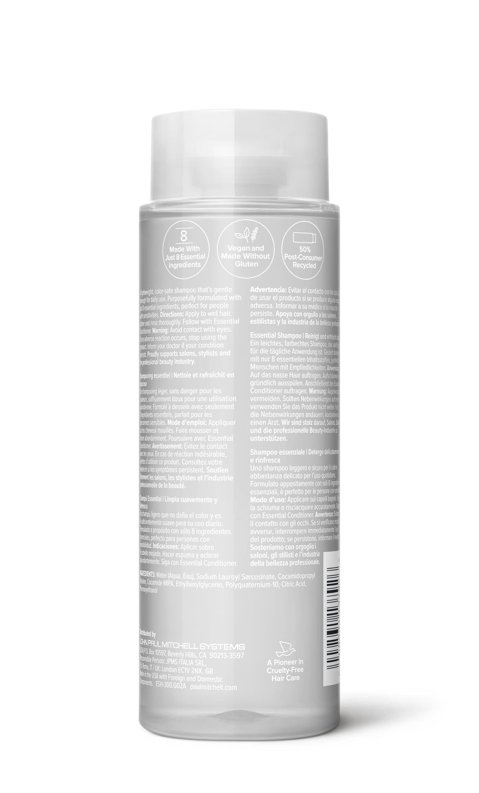 Paul Mitchell Clear Essential Shampoo bottle standing with eco-friendly label emphasis.