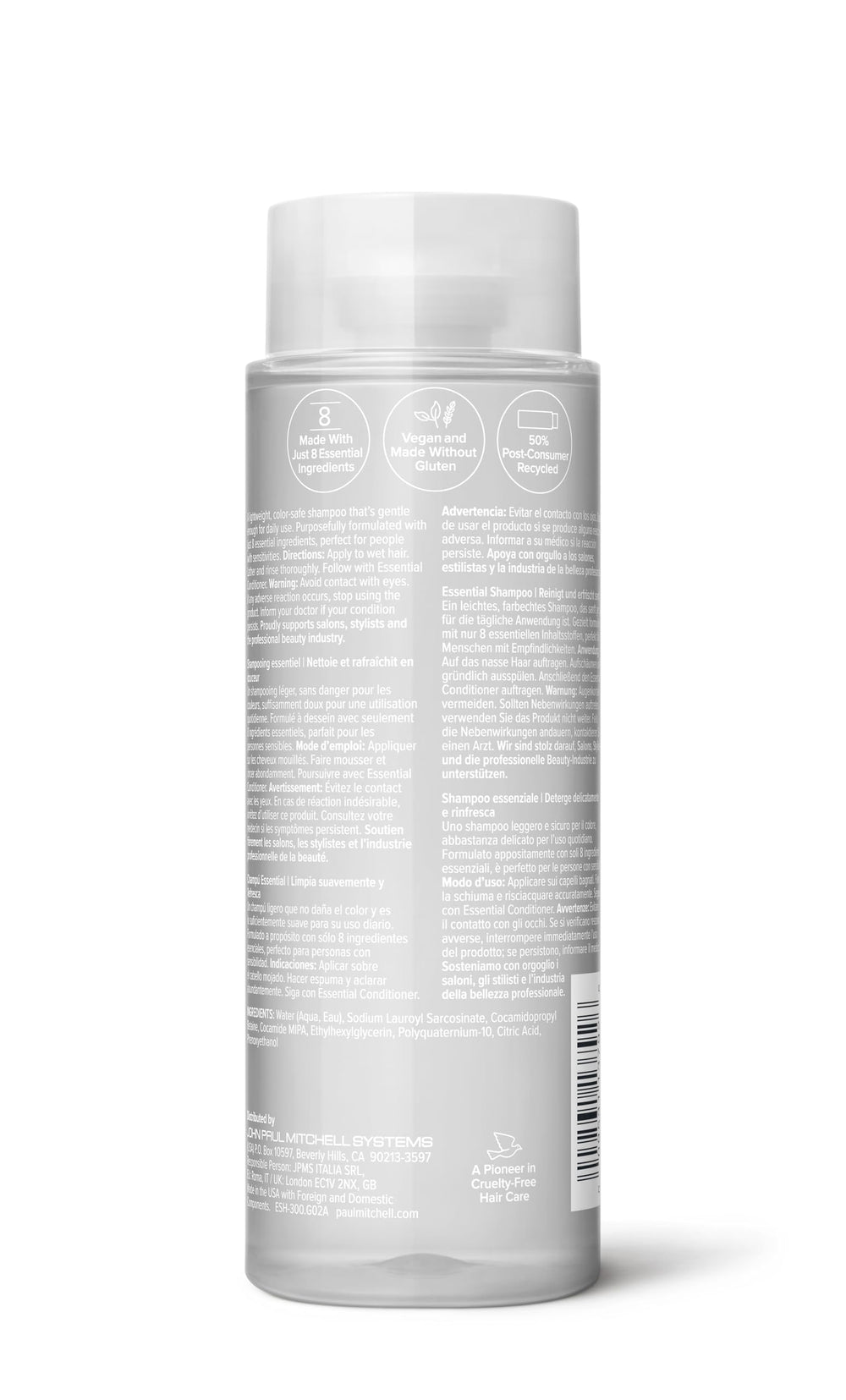 Paul Mitchell Clear Essential Shampoo bottle standing with eco-friendly label emphasis.