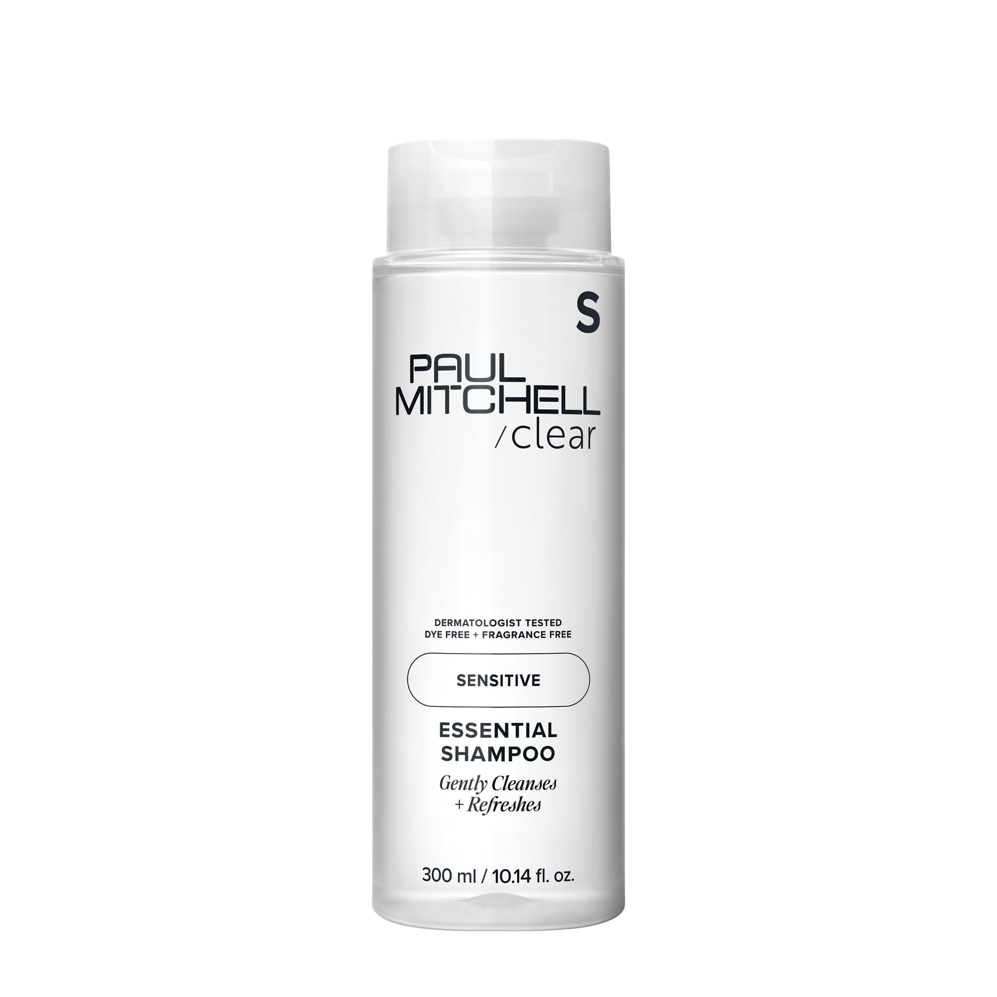 Paul Mitchell Clear Essential Shampoo fragrance-free bottle for sensitive scalp daily cleansing.