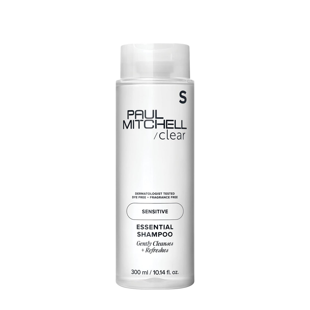 Paul Mitchell Clear Essential Shampoo fragrance-free bottle for sensitive scalp daily cleansing.