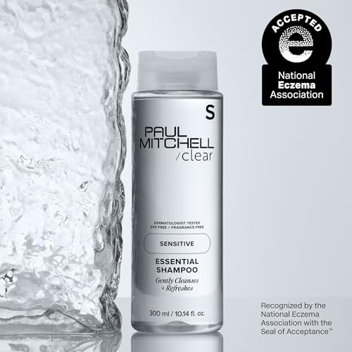 Paul Mitchell Clear Essential Shampoo fragrance-free label closeup highlighting zero dyes and fragrances.