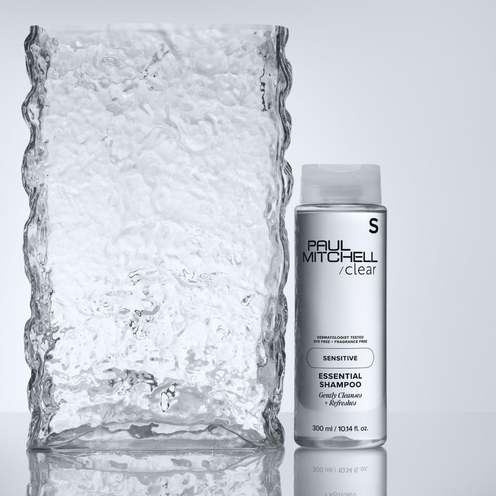 Paul Mitchell Clear Essential Shampoo ingredient list closeup showing eight essential ingredients.