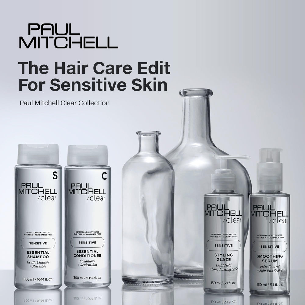 Paul Mitchell Clear Smoothing Serum close-up highlights subtle shine on smooth strands.