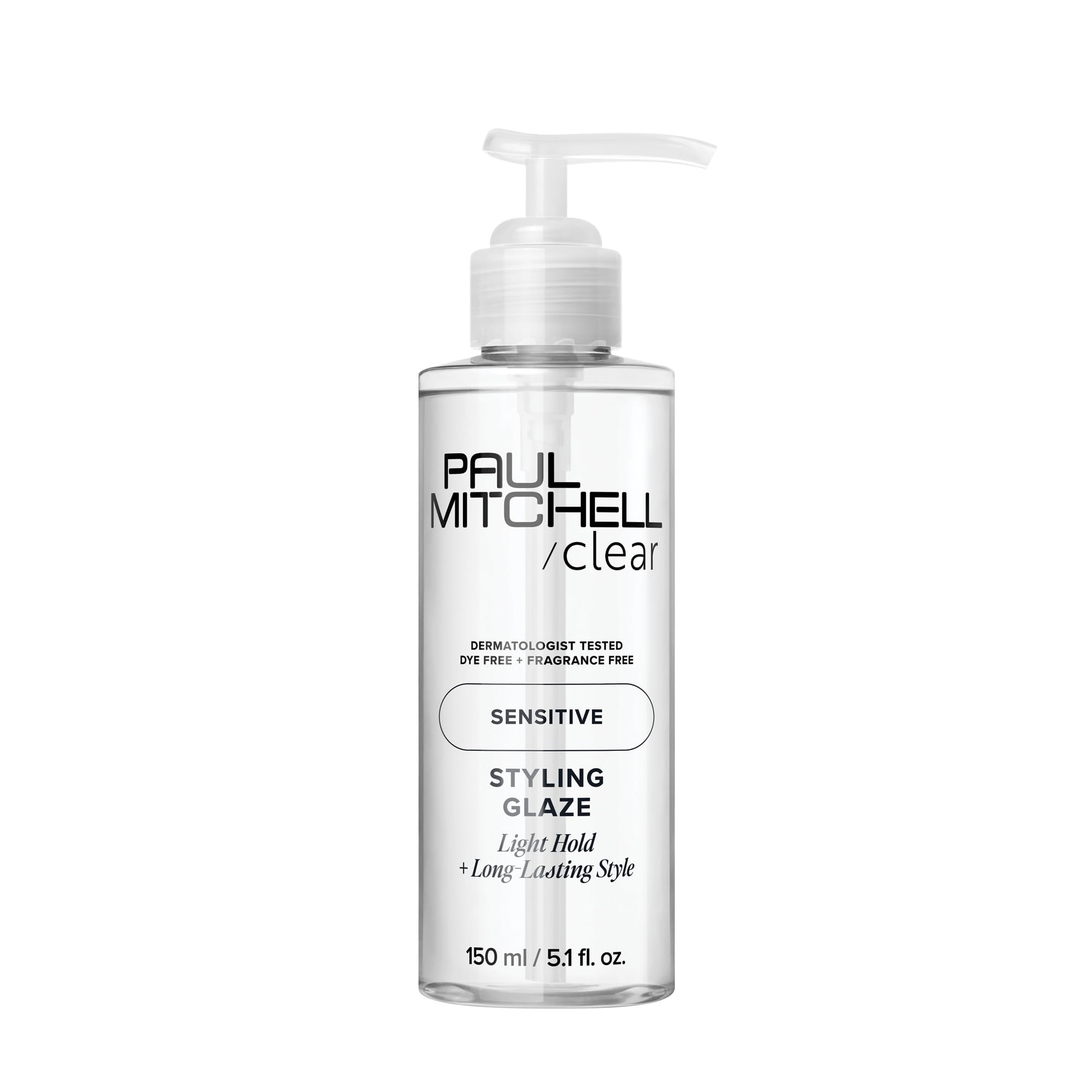 Paul Mitchell Clear Styling Glaze bottle shows fragrance-free finish for sensitive scalps