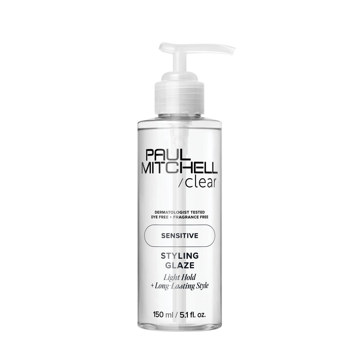 Paul Mitchell Clear Styling Glaze bottle shows fragrance-free finish for sensitive scalps