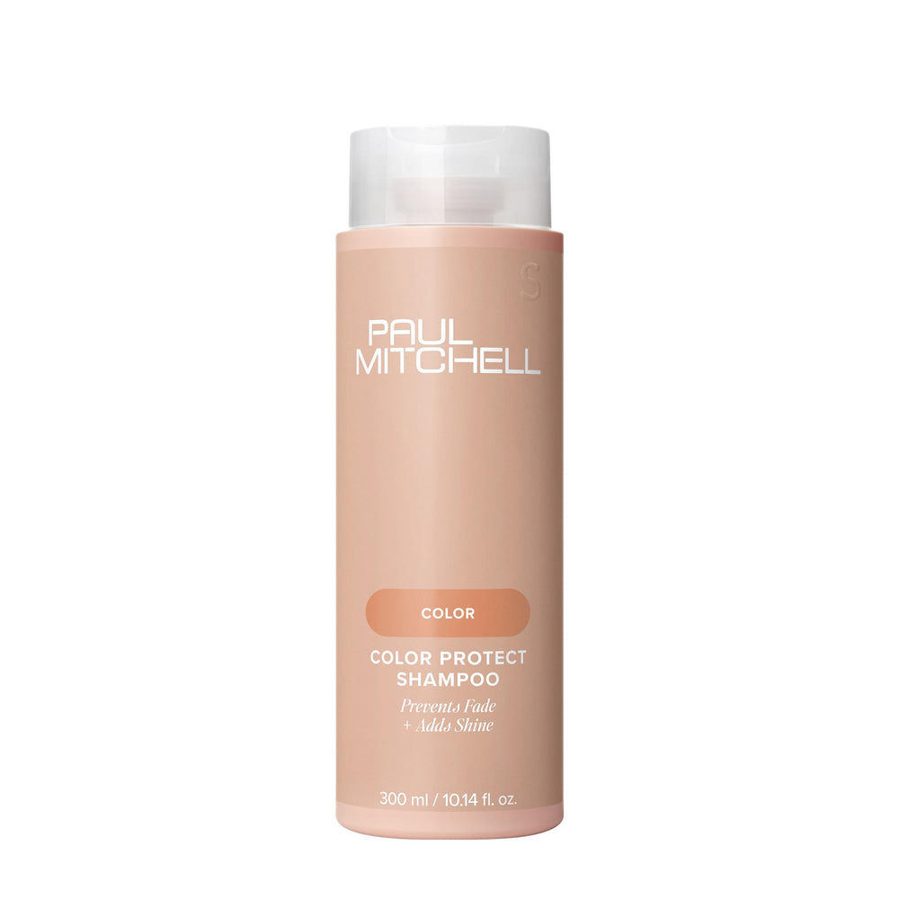 Paul Mitchell Color Protect Shampoo bottle demonstrates color protection for vibrant strands.