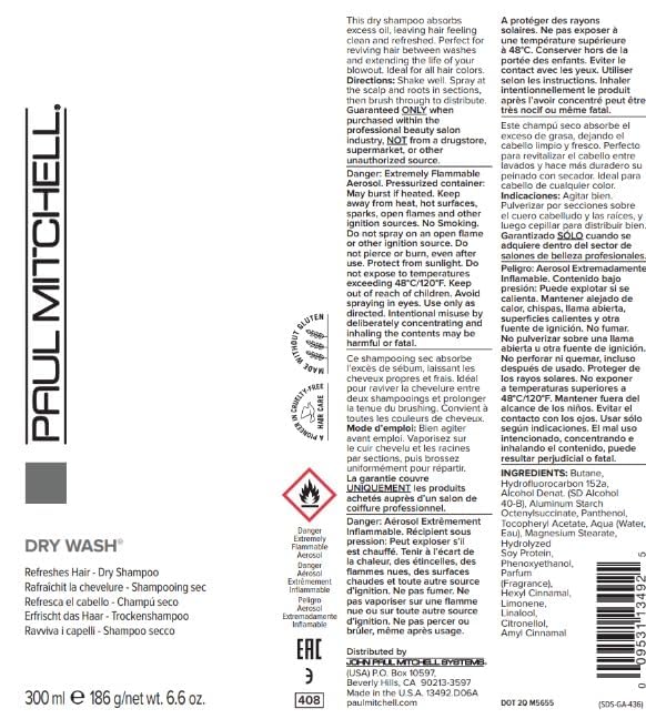 Paul Mitchell Dry Wash packaging box highlights usage and fragrance.