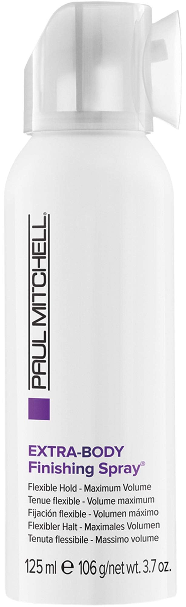 Paul Mitchell Extra-Body Finishing Spray bottle for fast-drying, volumizing hold.