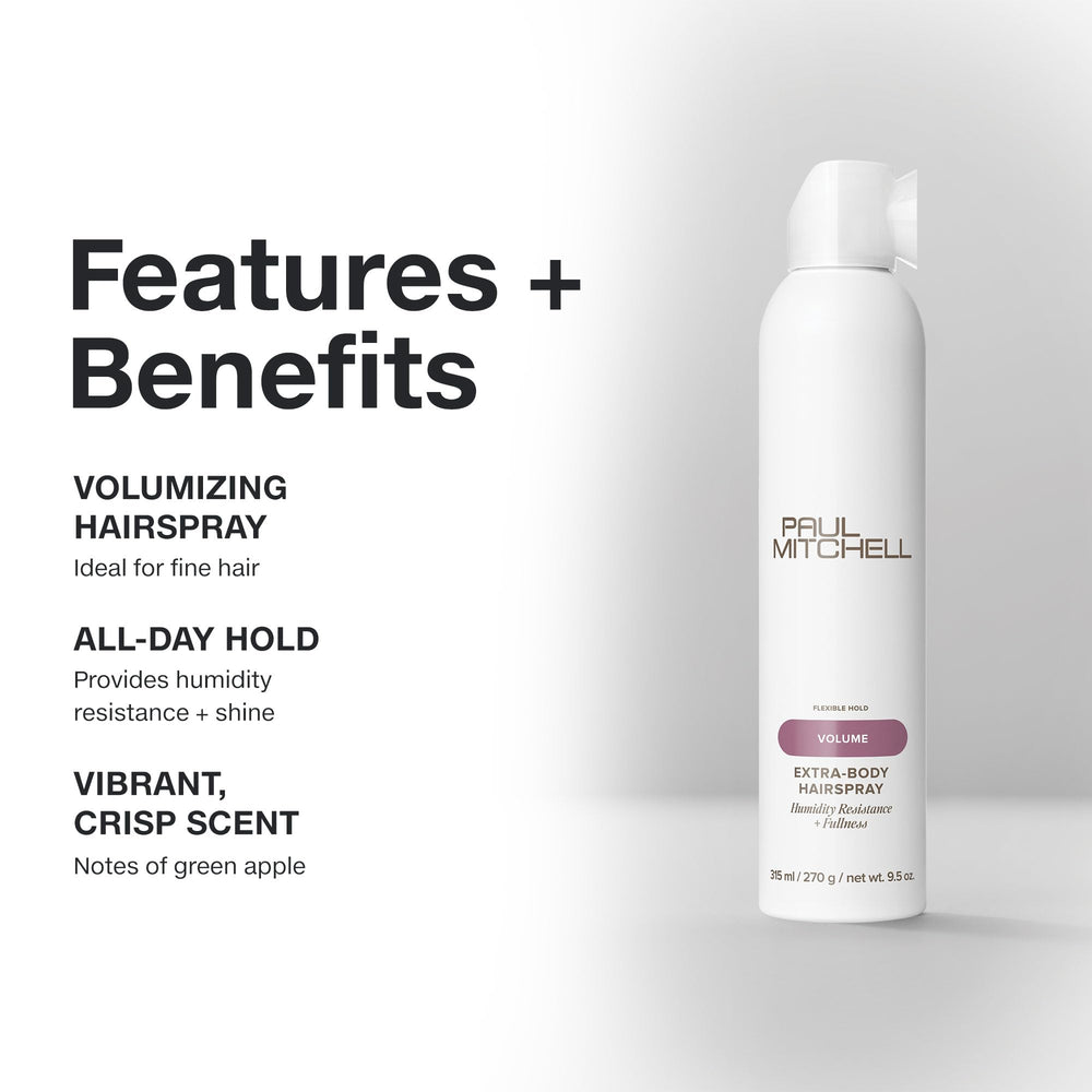 Paul Mitchell Extra-Body Hairspray bottle designed for fine hair boosts volume.