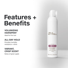 Paul Mitchell Extra-Body Hairspray bottle designed for fine hair boosts volume.