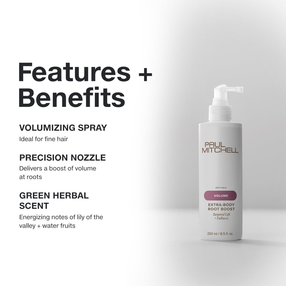 Paul Mitchell Extra-Body Root Boost bottle in-use during hair styling for added fullness