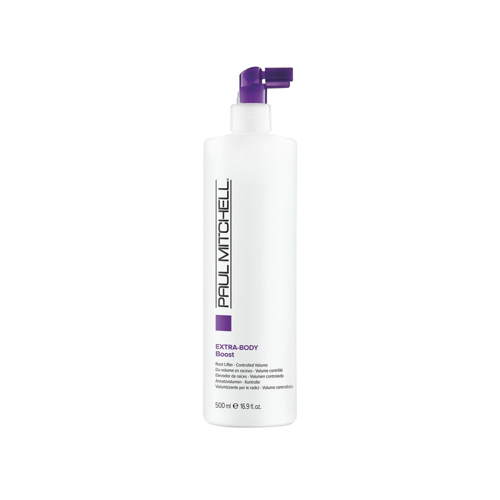 Paul Mitchell Extra-Body Root Boost bottle closeup showing root lift for fine hair