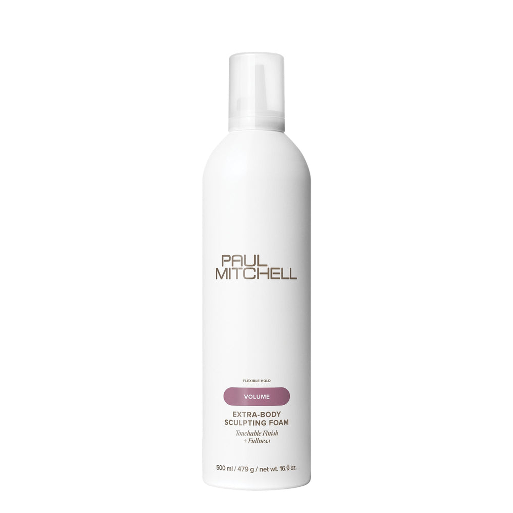 Paul Mitchell Extra-Body Sculpting Foam bottle close-up for voluminous styling