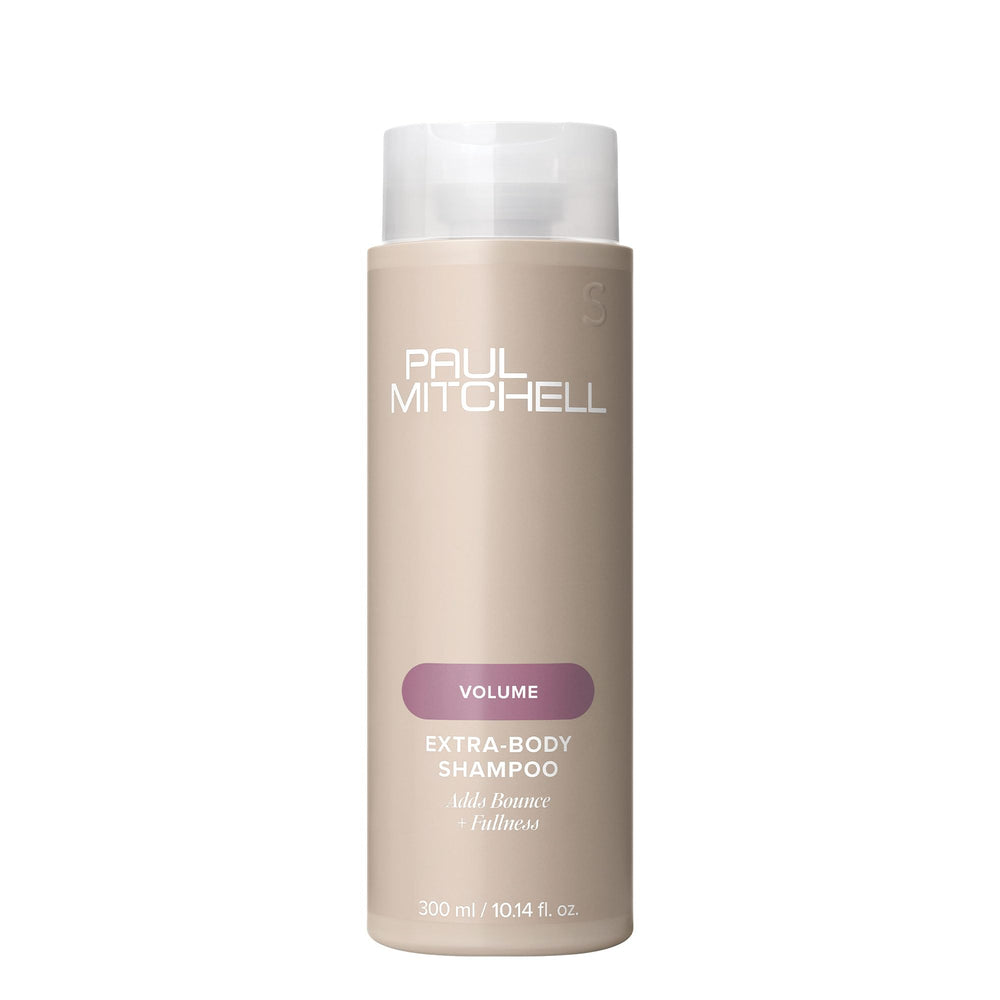 Paul Mitchell Extra-Body Shampoo bottle shows volume-boosting formula for fine hair