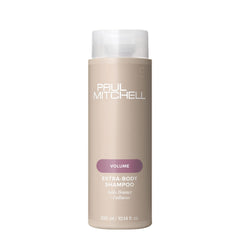 Paul Mitchell Extra-Body Shampoo bottle shows volume-boosting formula for fine hair