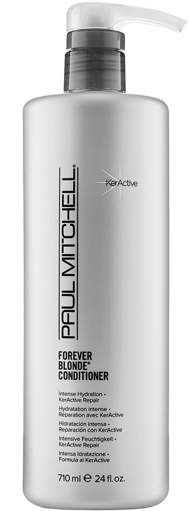 Paul Mitchell Forever Blonde Conditioner bottle demonstrates color-safe hydration for blonde hair.