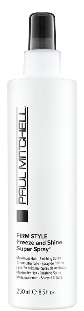 Paul Mitchell Freeze and Shine bottle close-up shows long-lasting hold.