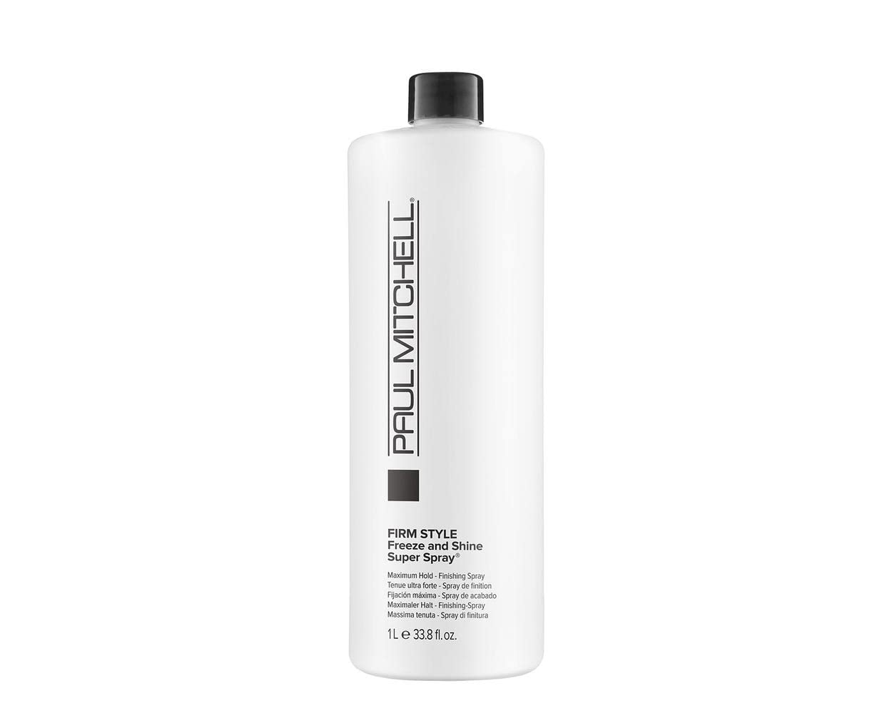 Paul Mitchell Freeze and Shine hairspray bottle shows powerful hold and glossy finish for coarse hair.