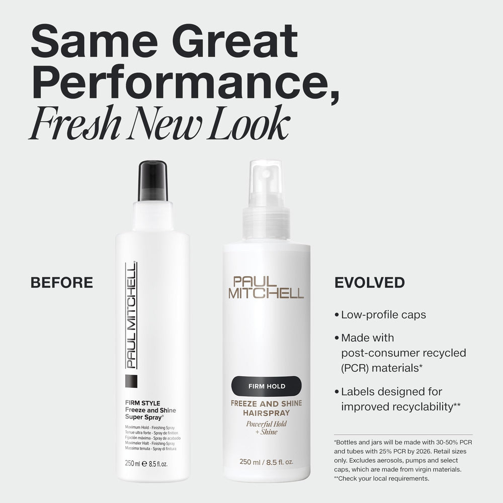 Paul Mitchell Freeze and Shine spray mist shown applying for even hold.