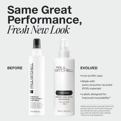 Paul Mitchell Freeze and Shine spray mist shown applying for even hold.