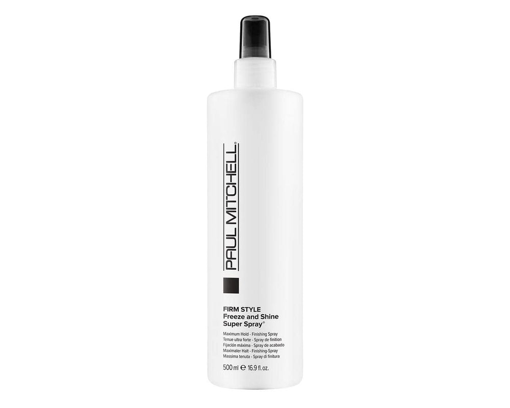 Paul Mitchell Freeze and Shine hairspray bottle shows strong hold for coarse hair.