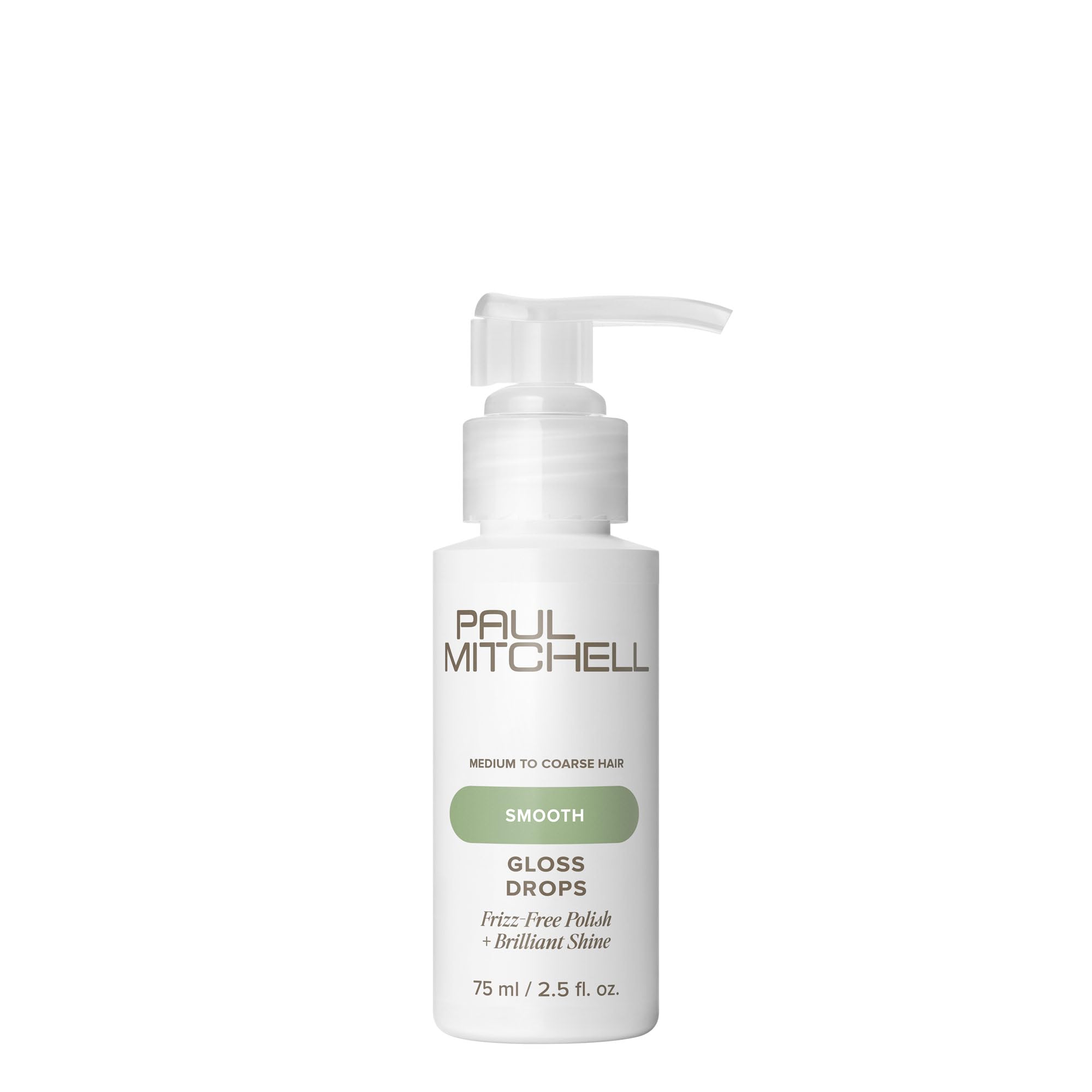 Paul Mitchell Gloss Drops bottle close-up showing frizz control and brilliant shine.