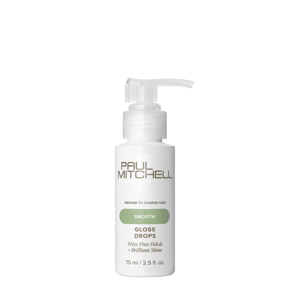 Paul Mitchell Gloss Drops bottle close-up showing frizz control and brilliant shine.