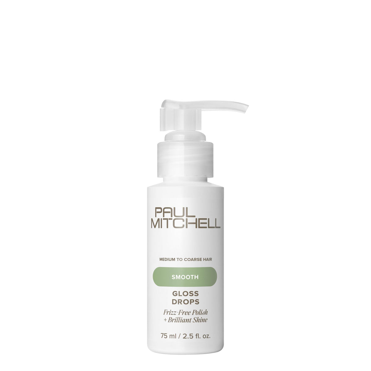 Paul Mitchell Gloss Drops bottle close-up showing frizz control and brilliant shine.
