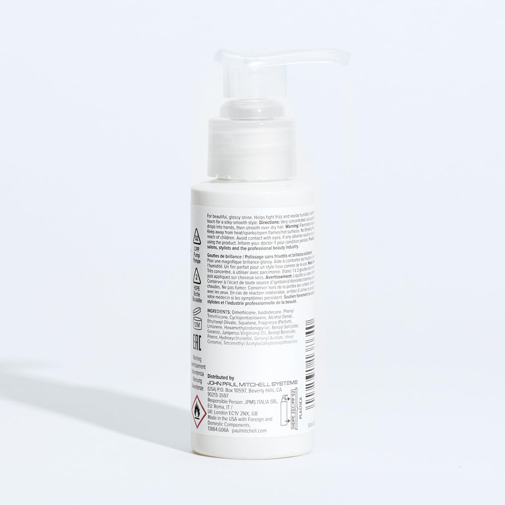 Paul Mitchell Gloss Drops shows concentrated formula meaning tiny amounts go far.