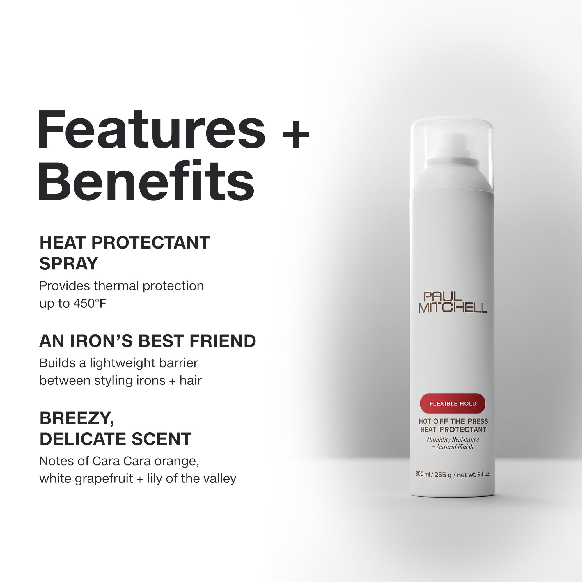 Paul Mitchell Hot Off The Press close-up bottle showing protective shield against high heat