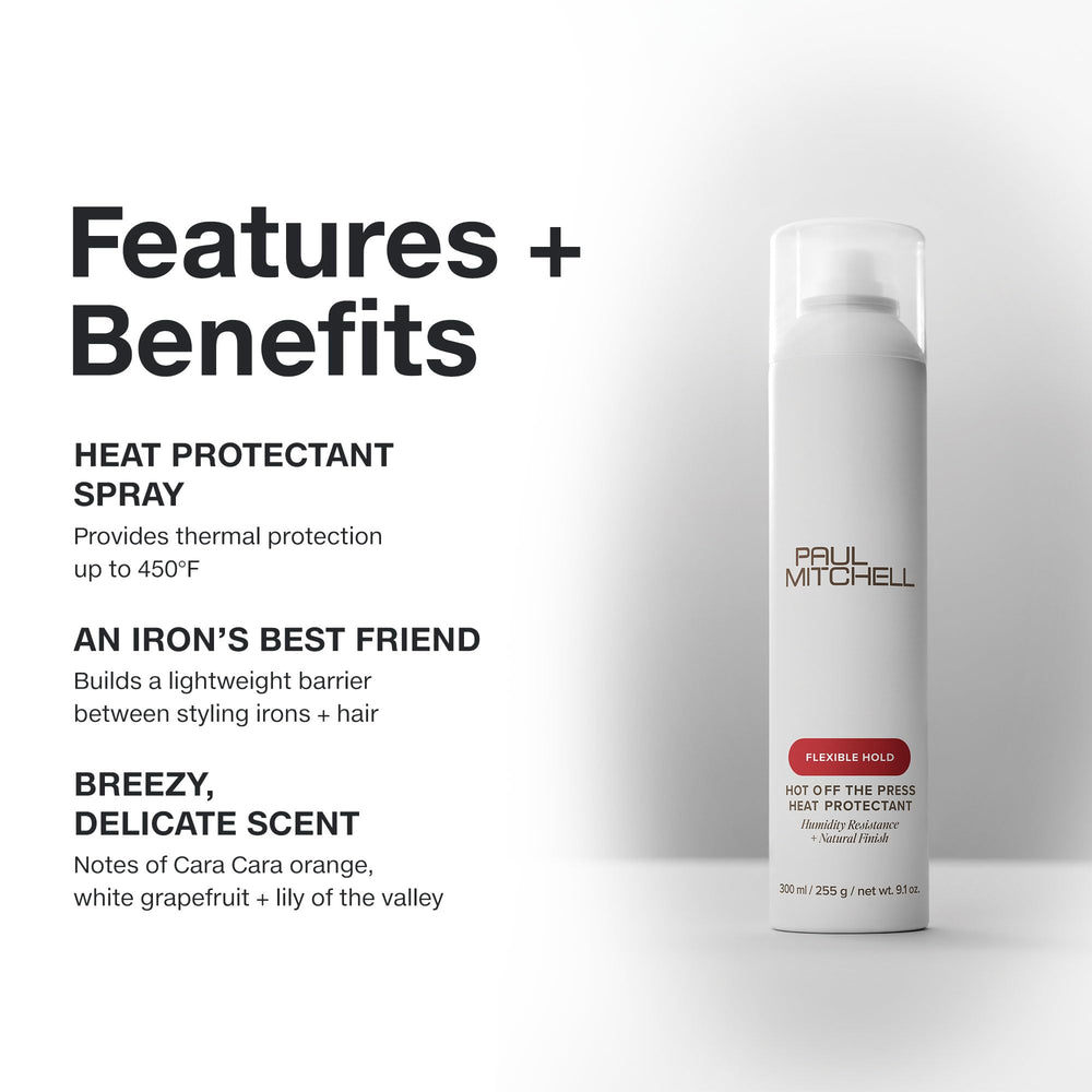 Paul Mitchell Hot Off The Press close-up bottle showing protective shield against high heat