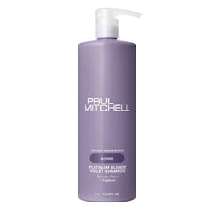 Paul Mitchell Platinum Blonde Violet Shampoo bottle reduces brass with violet tint.