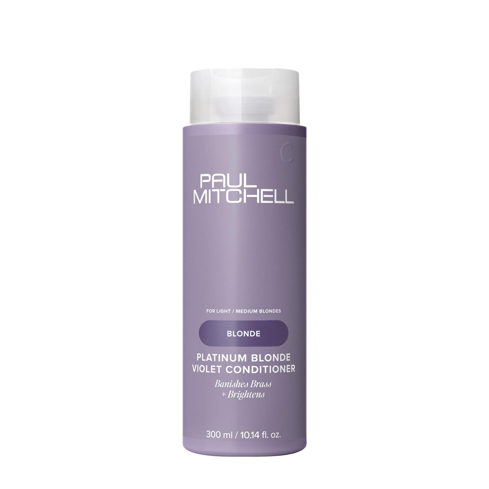 Paul Mitchell Platinum Blonde Violet Conditioner bottle demonstrates brass-cooling action for lighter tones.