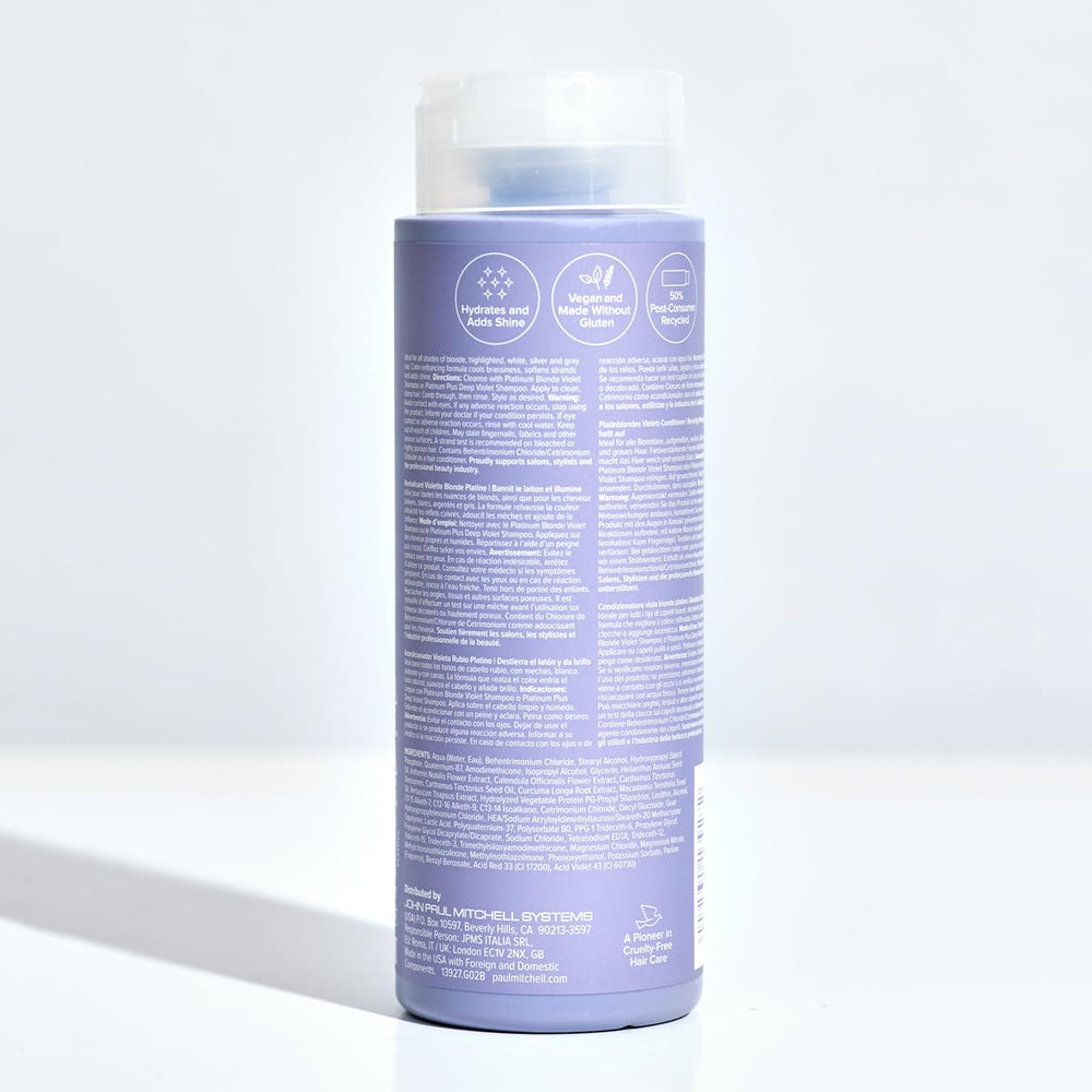 Paul Mitchell Platinum Blonde Violet Conditioner PCR packaging detail emphasizes eco-friendly materials.
