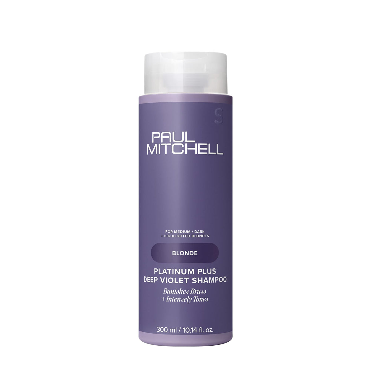 Paul Mitchell Platinum Plus deep violet shampoo bottle shows brass-neutralizing potential
