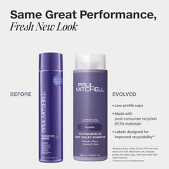 Paul Mitchell Platinum Plus label close-up highlights toning power for blondes