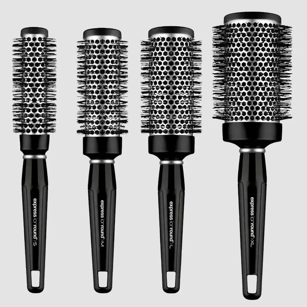 Paul Mitchell Express Ion aluminum round brush large barrel close-up showing vented design for shaping.