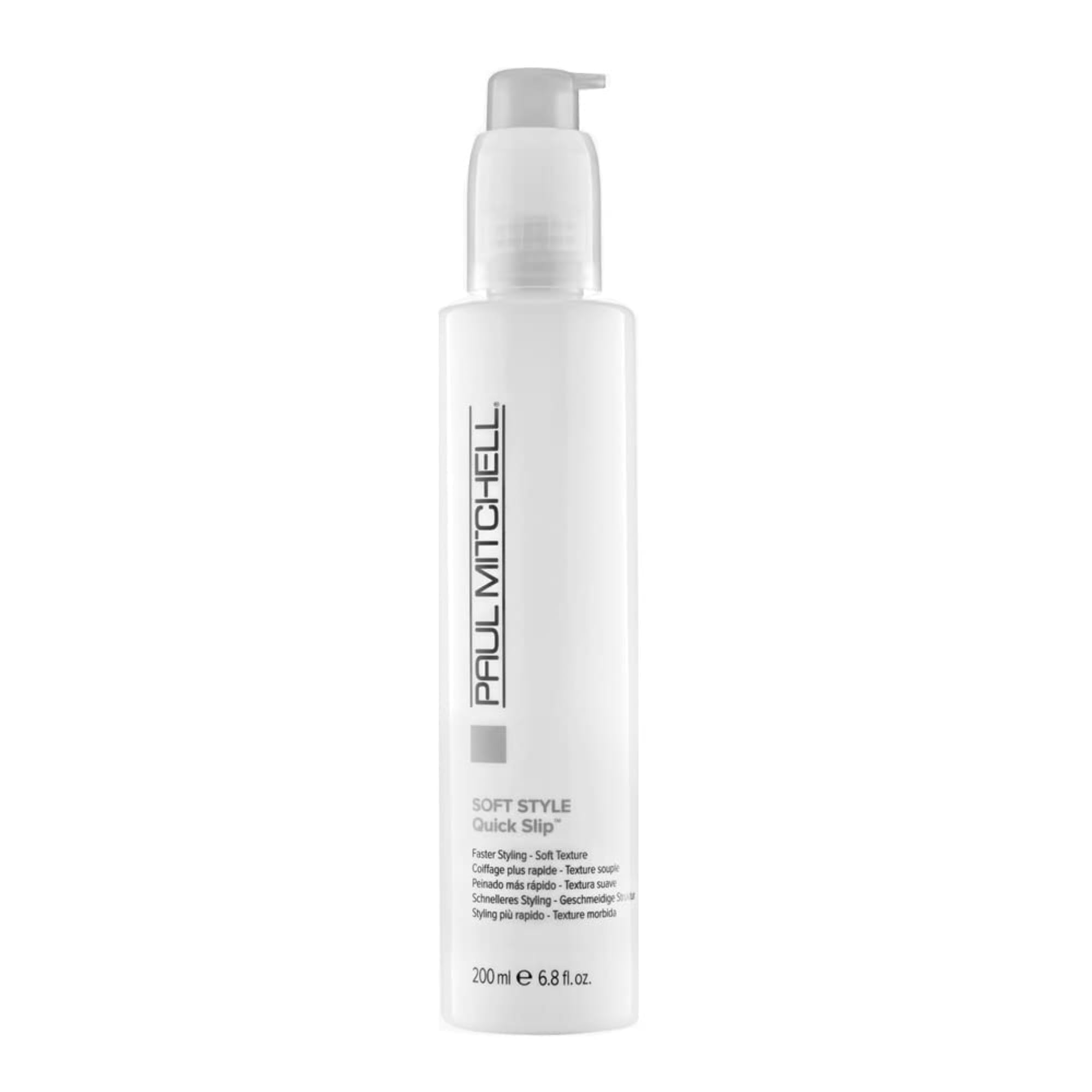 Paul Mitchell Quick Slip bottle pour demonstrates fast-drying, lightweight styling.