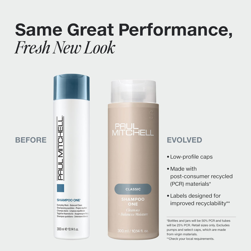 Paul Mitchell Shampoo One bottle back label explains ingredients and recyclability.