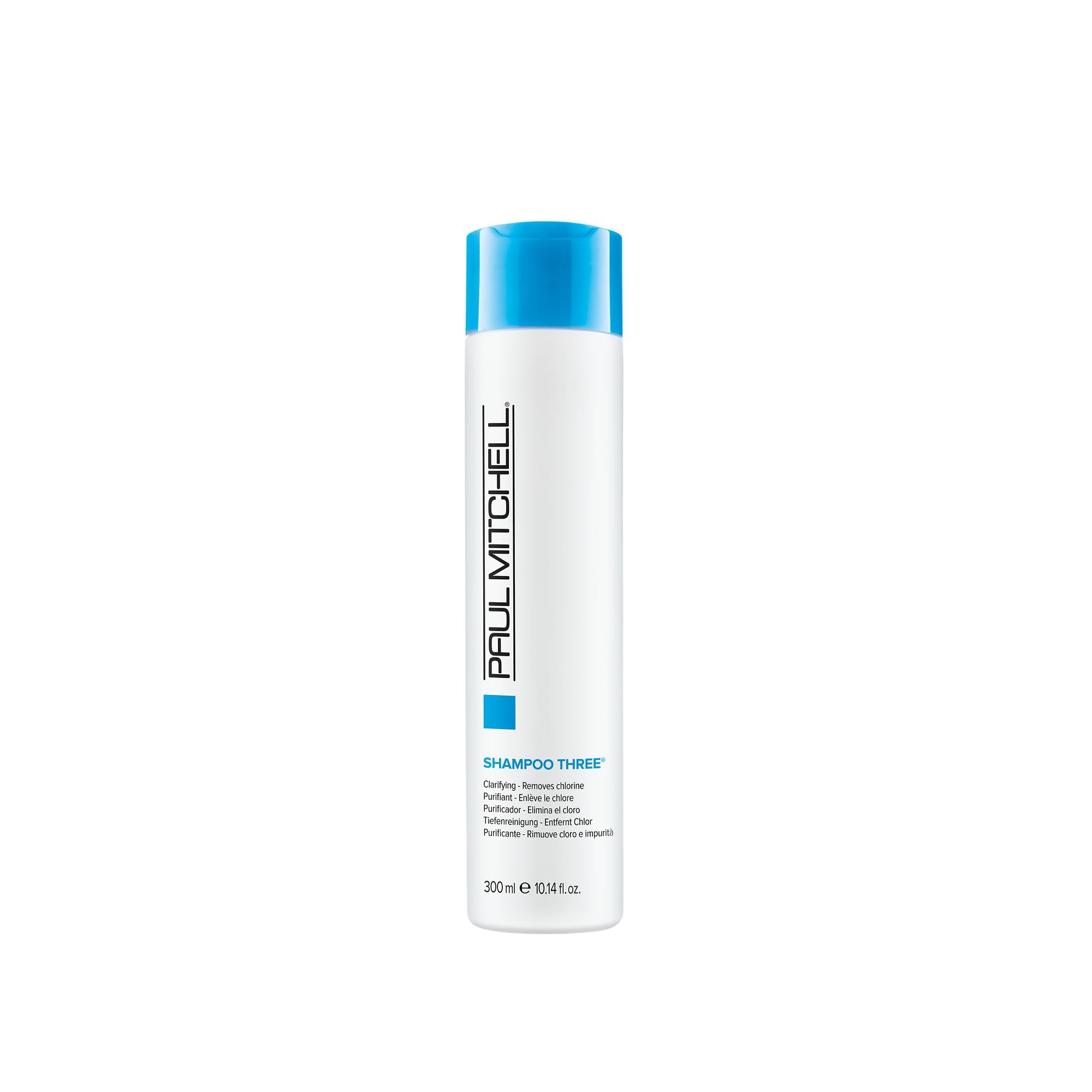 Paul Mitchell Shampoo Three bottle front with clear labeling for poolside clarifying cleanse