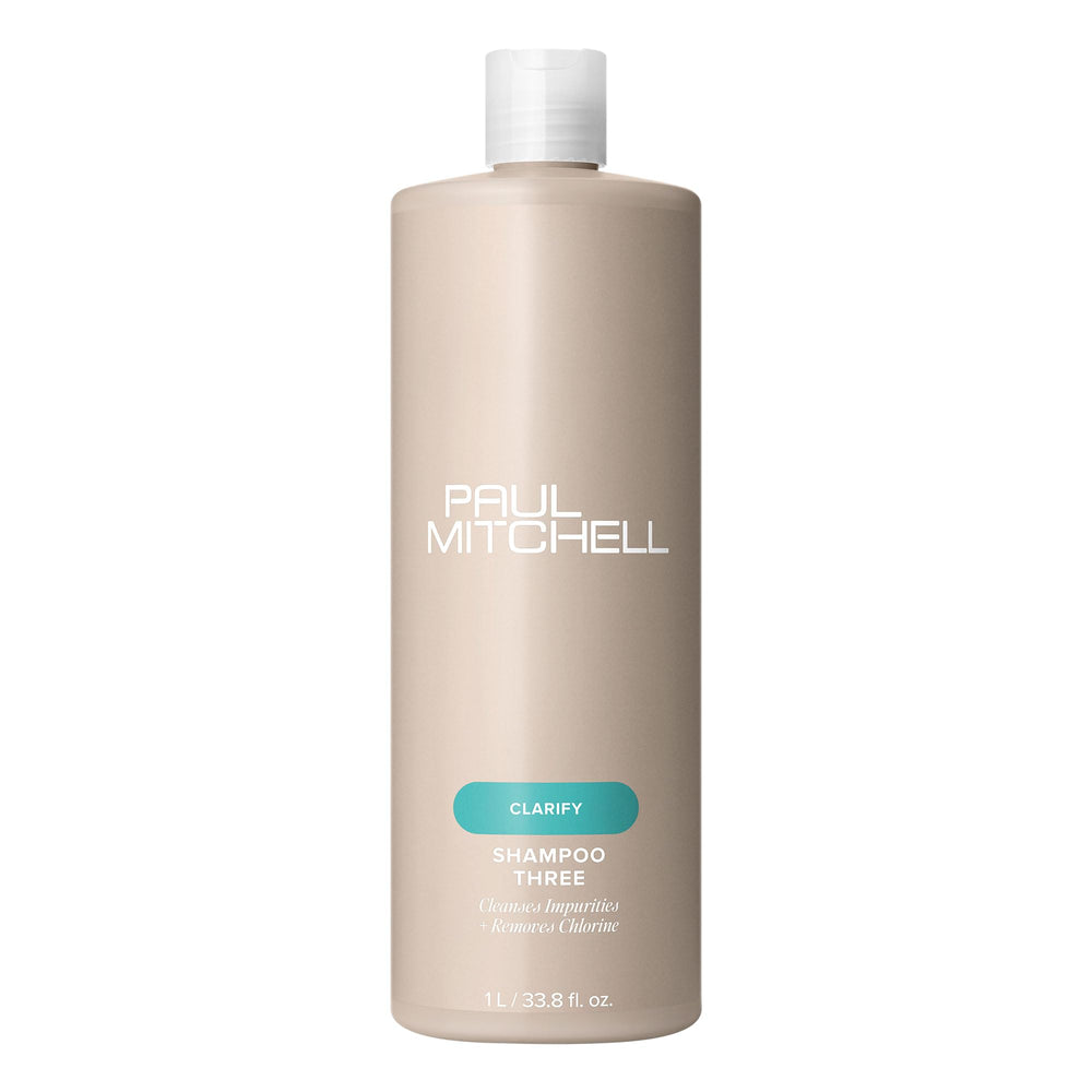 Paul Mitchell Shampoo Three bottle front; clarifying formula helps remove chlorine and minerals.