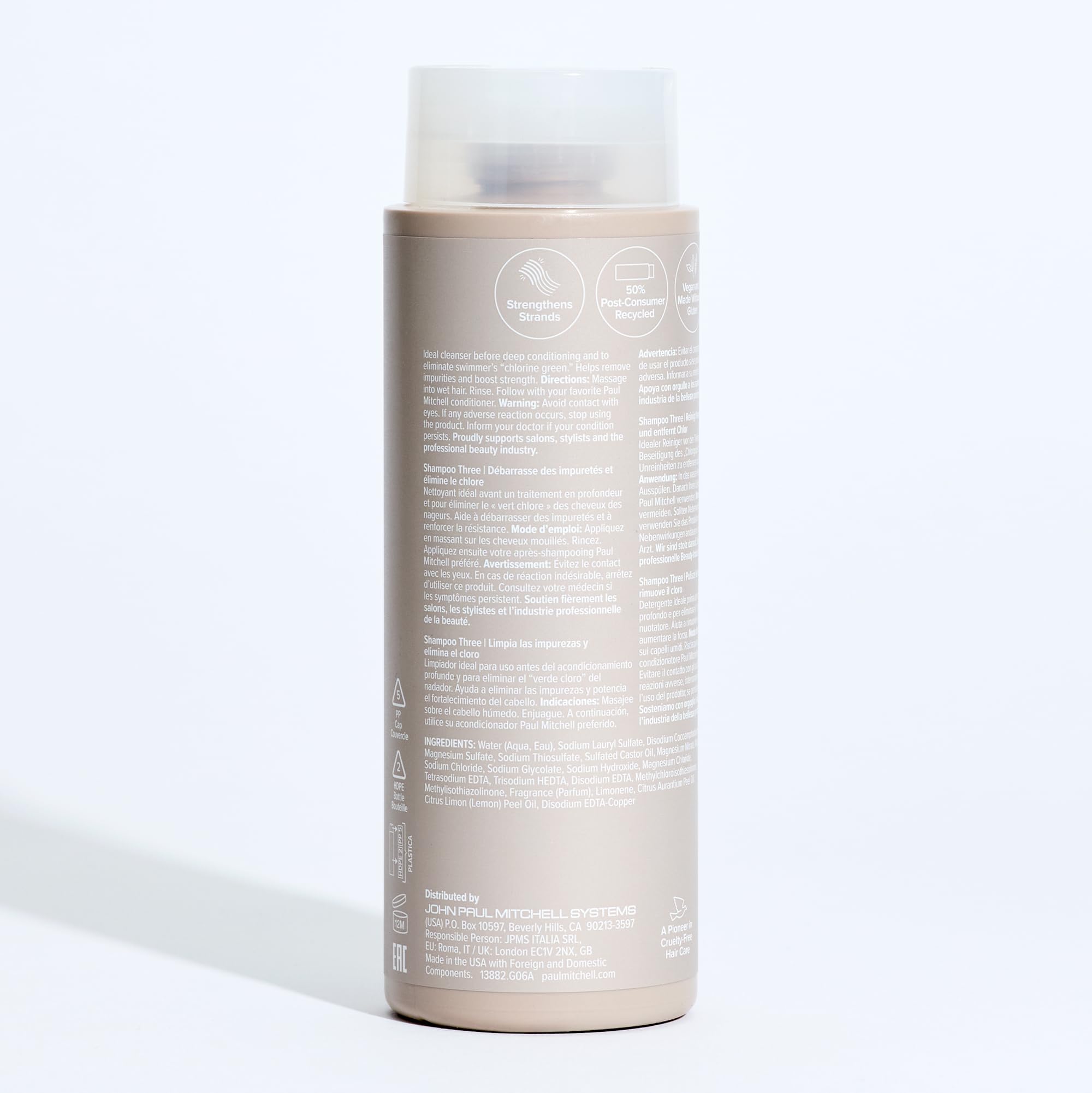Paul Mitchell Shampoo Three packaging close-up; PCR materials and recyclability focus.