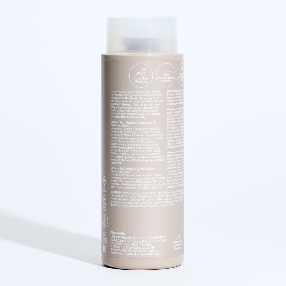 Paul Mitchell Shampoo Two environmental packaging demonstrates PCR materials for sustainability.