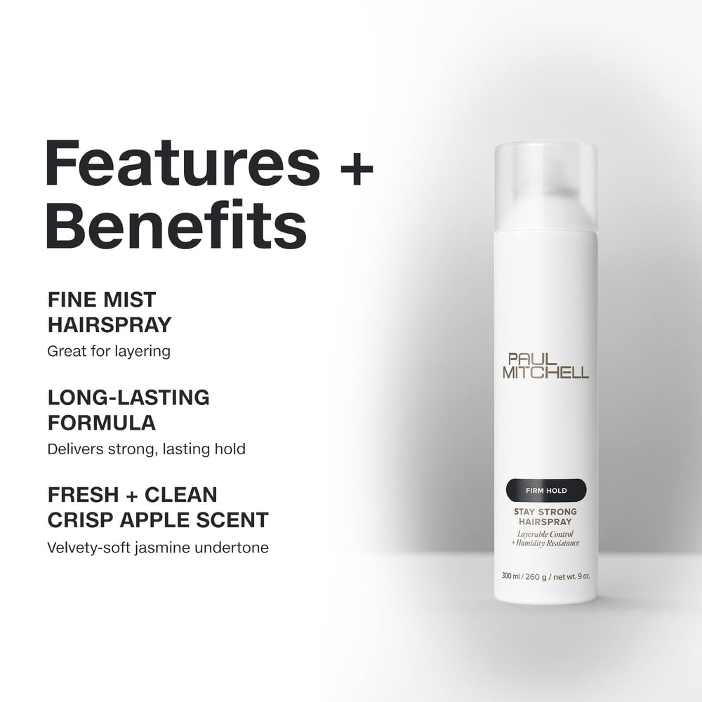 Paul Mitchell Stay Strong hairspray demonstrates humidity resistance and frizz control