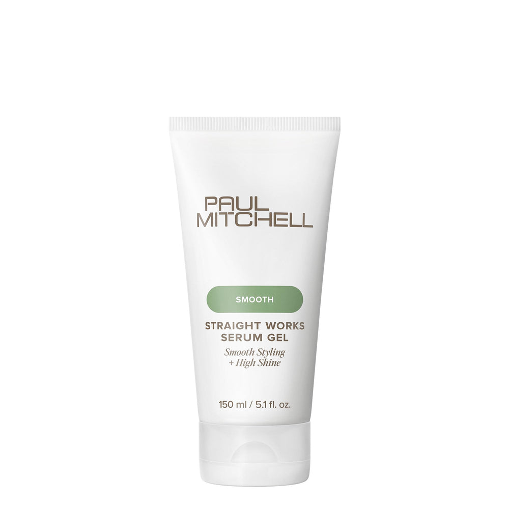 Paul Mitchell Straight Works Serum Gel packaging shows eco-friendly PCR materials support sustainable packaging.