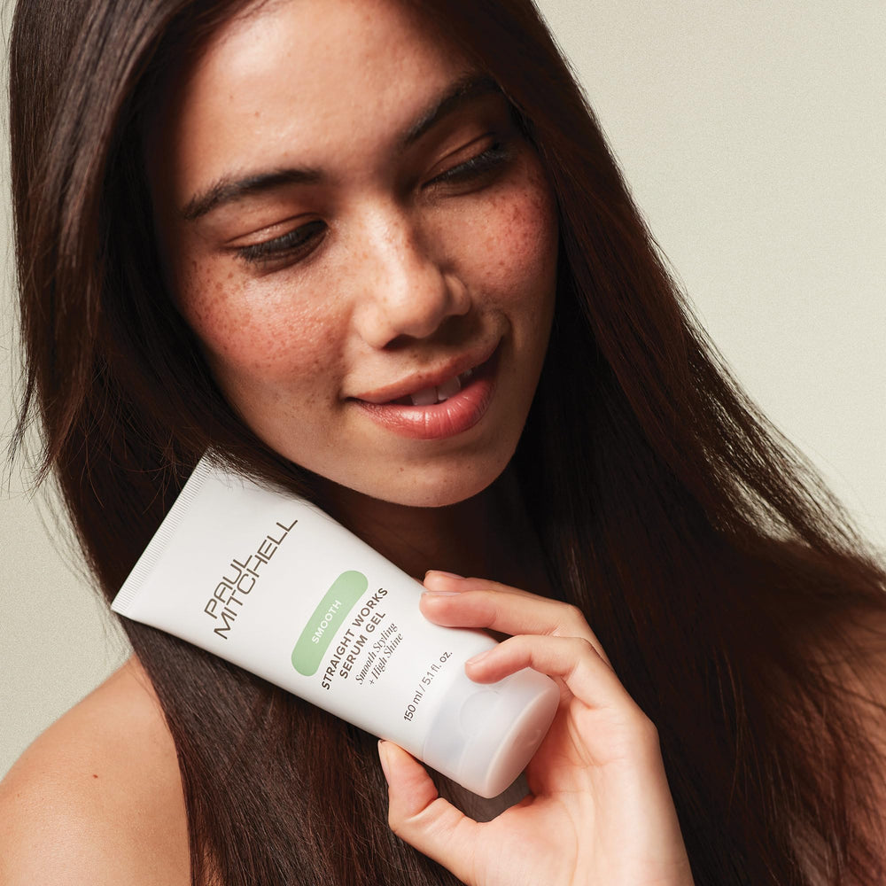 Paul Mitchell Straight Works Serum Gel texture application demonstrates smooth slip for styling.