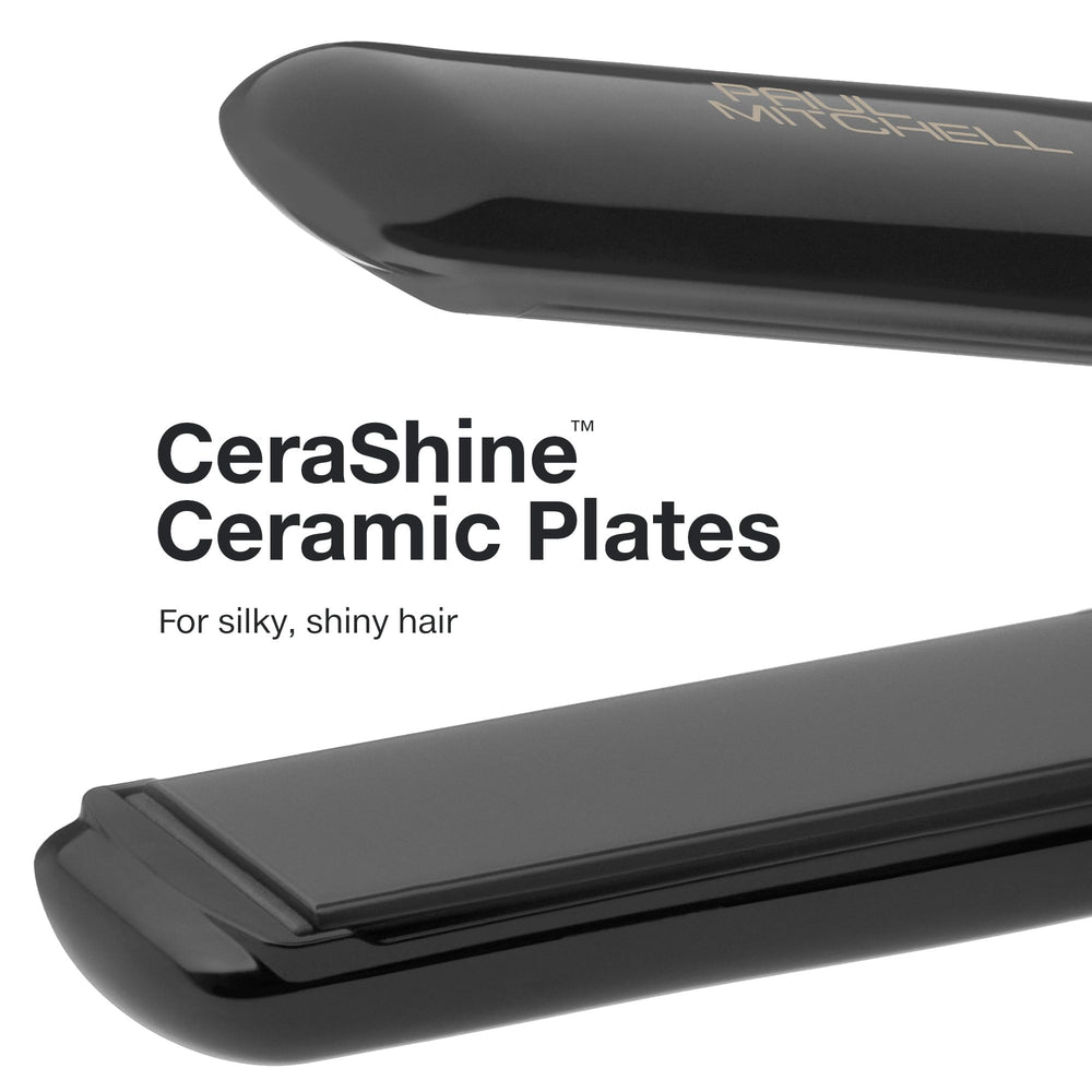 Paul Mitchell Style+ 1-inch ceramic flat iron ceramic-plates-closeup showcases even heat for smooth results.